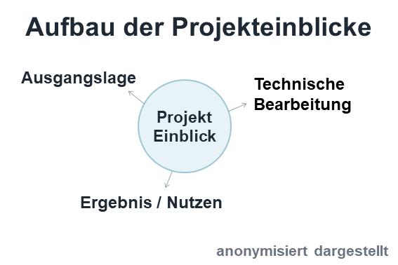 Aufbau der Projekteinblicke mit Ausgangslage, technischer Bearbeitung und Ergebnis bzw. Nutzen